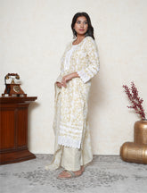 Flax yellow cotton printed suit with Lace work